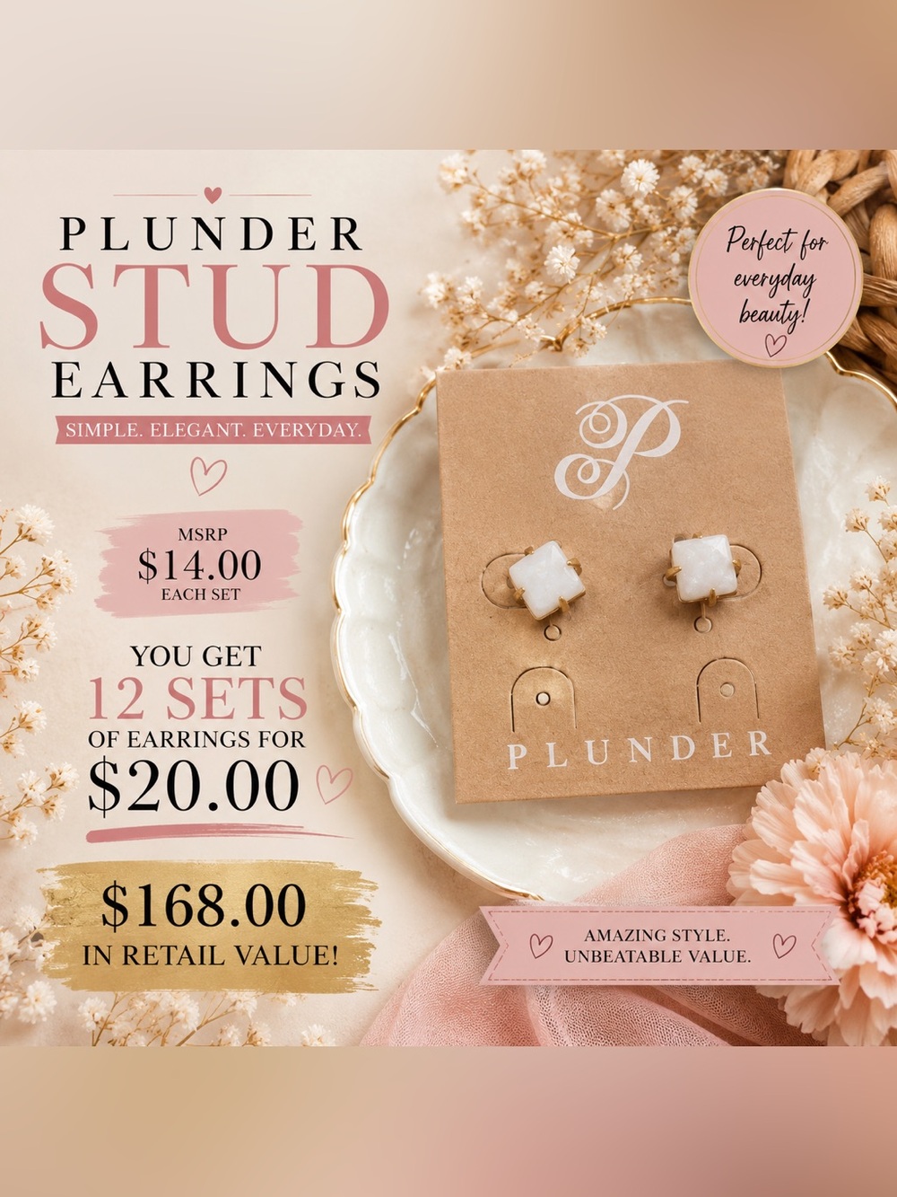 Plunder White Square Stone Stud Earrings in Gold-Tone